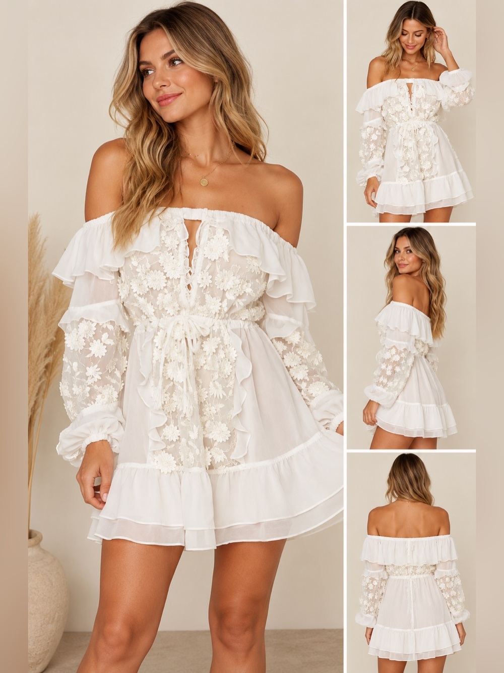 For Love & Lemons White One-Shoulder Floral Lace Mini Dress